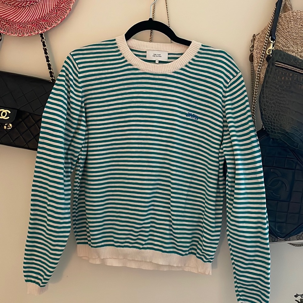 Green and White Crew Neck Striped Sweater